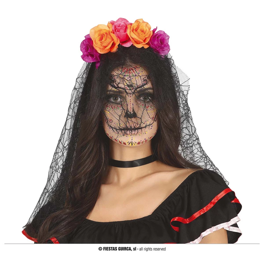 Halloween Flower Veil Headband, Black/Orange 3 Halloween Flower Veil Headband, Black/Orange