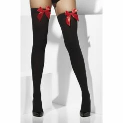 Smiffys Opaque Hold-Up Stockings, Black With Red Bows