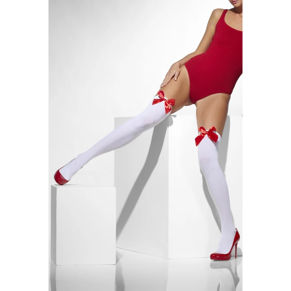 Smiffys Opaque Hold-Ups, White, With Red Bows 4 Smiffys Opaque Hold-Ups, White, With Red Bows - Image 2