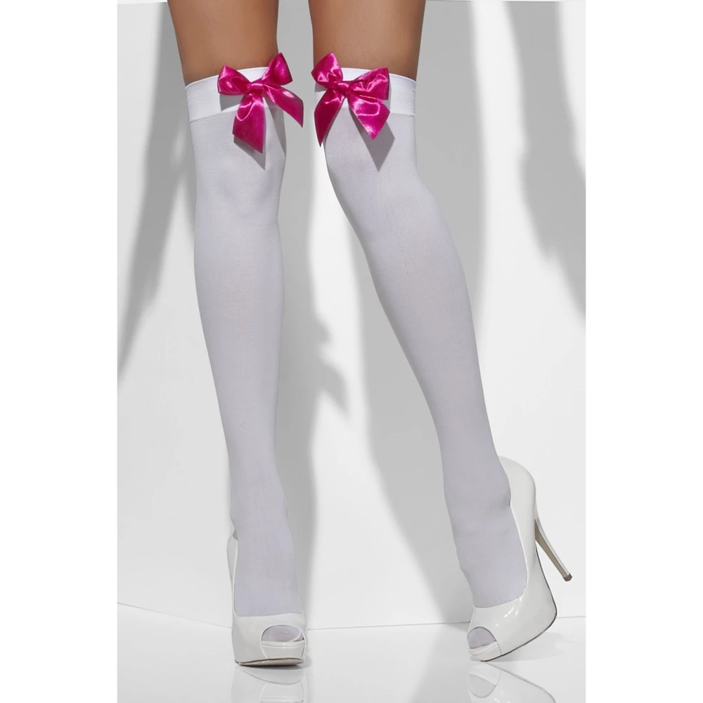 Smiffys Opaque Hold-Up Stockings, White With Pink Bows 4 Smiffys Opaque Hold-Up Stockings, White With Pink Bows - Image 2