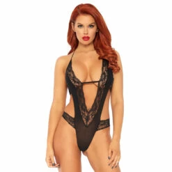 LEG AVENUE Lace Deep-V Teddy & Stockings