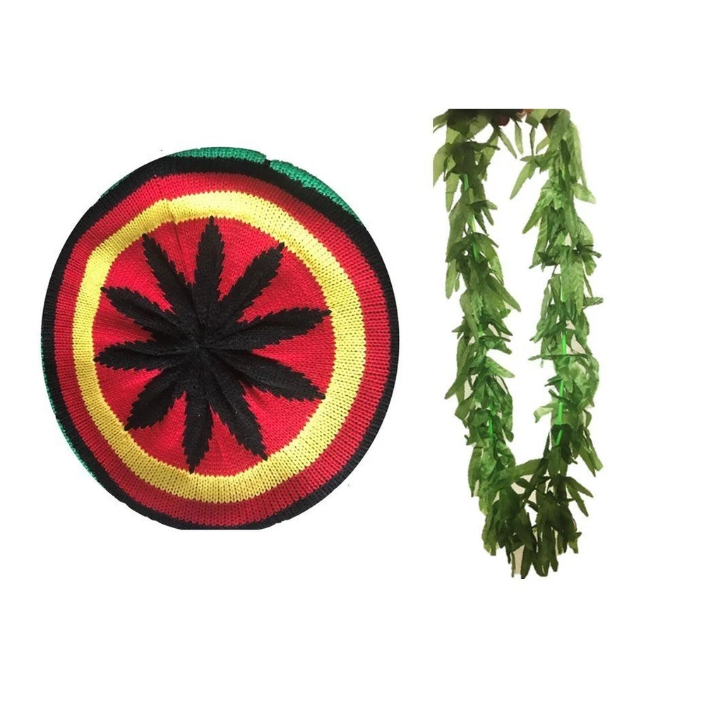 Rasta Beret Hat & Leaf Garland 3 Rasta Beret Hat & Leaf Garland
