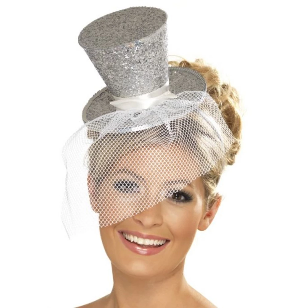 Smiffys Fever Mini Top Hat On Headband, Silver 3 Smiffys Fever Mini Top Hat On Headband, Silver