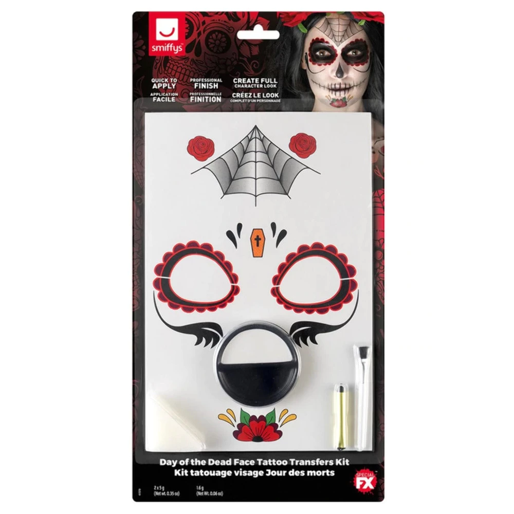 Day Of The Dead Face Tattoo Transfers Kit, Red & Black 4 Day Of The Dead Face Tattoo Transfers Kit, Red & Black - Image 2