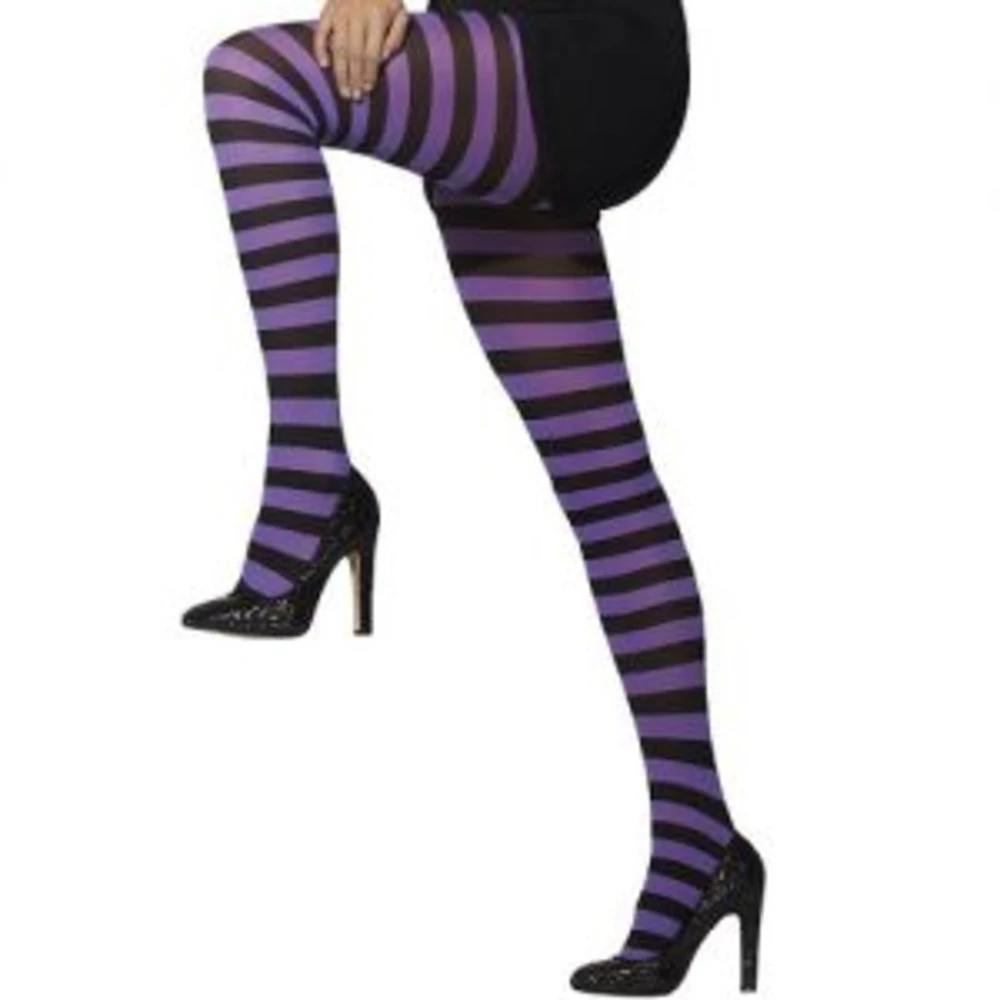 Smiffys Opaque Tights, Black Purple Stripe 3 Smiffys Opaque Tights, Black Purple Stripe