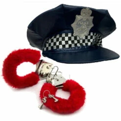 Blue Checkered Police Hat & Red Fluffy Cuffs